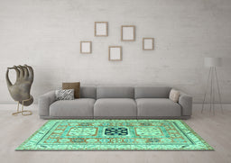 Machine Washable Geometric Turquoise Traditional Area Rugs in a Living Room,, wshtr3010turq