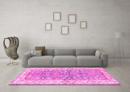 Machine Washable Oriental Pink Traditional Rug in a Living Room, wshtr3011pnk