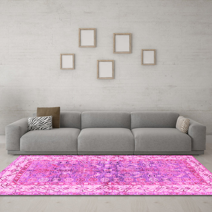Machine Washable Oriental Pink Traditional Rug in a Living Room, wshtr3011pnk