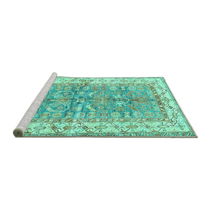 Sideview of Machine Washable Oriental Turquoise Traditional Area Rugs, wshtr3011turq
