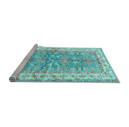 Sideview of Machine Washable Oriental Light Blue Traditional Rug, wshtr3011lblu
