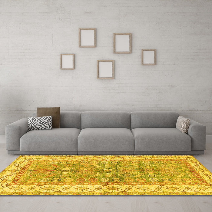 Machine Washable Oriental Yellow Traditional Rug in a Living Room, wshtr3011yw