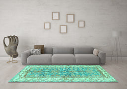 Machine Washable Oriental Turquoise Traditional Area Rugs in a Living Room,, wshtr3011turq