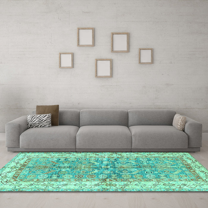 Machine Washable Oriental Turquoise Traditional Area Rugs in a Living Room,, wshtr3011turq