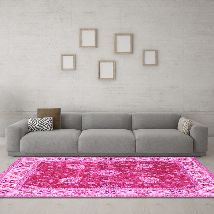 Machine Washable Oriental Pink Traditional Rug in a Living Room, wshtr3012pnk