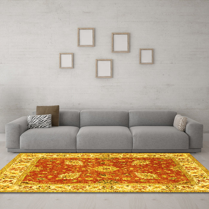 Machine Washable Oriental Yellow Traditional Rug in a Living Room, wshtr3012yw