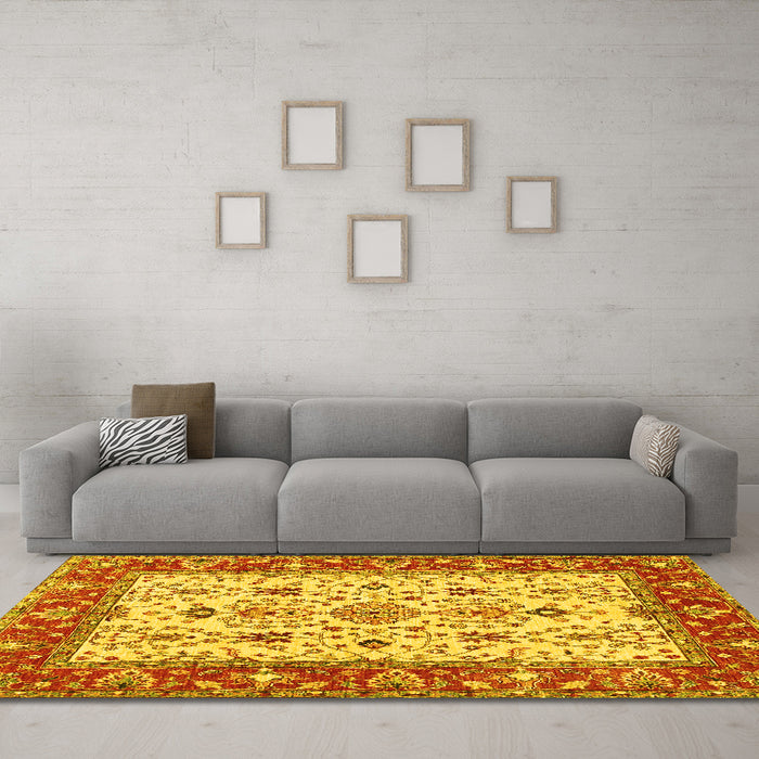 Machine Washable Persian Yellow Traditional Rug in a Living Room, wshtr3013yw