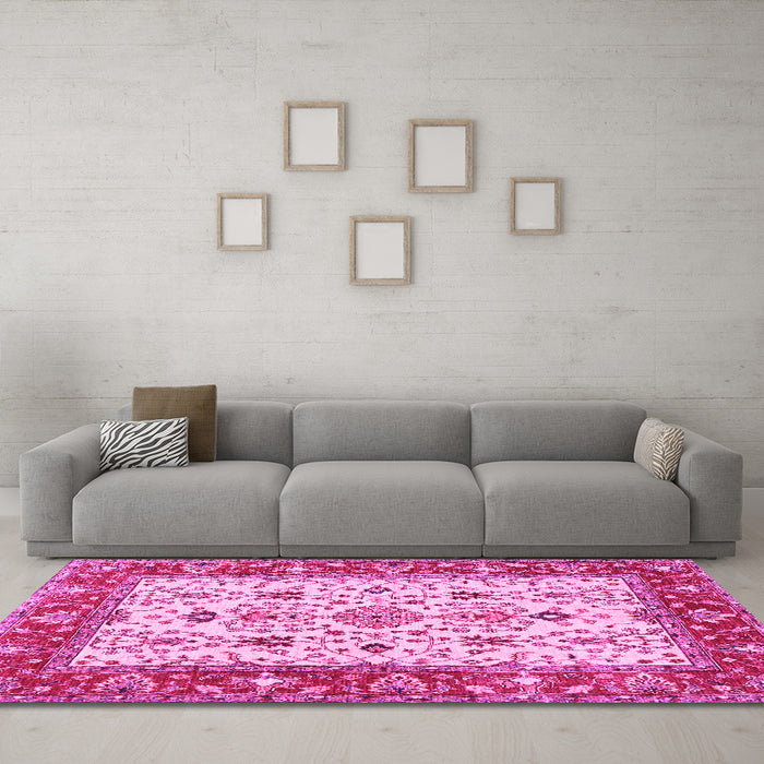Machine Washable Persian Pink Traditional Rug in a Living Room, wshtr3013pnk