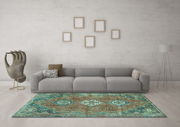 Machine Washable Persian Turquoise Traditional Area Rugs in a Living Room,, wshtr3016turq