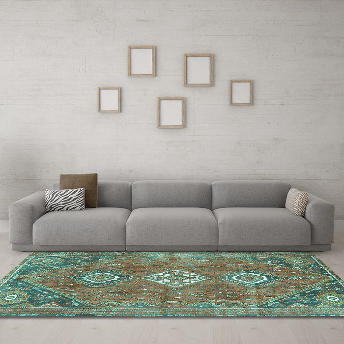 Machine Washable Persian Turquoise Traditional Area Rugs in a Living Room,, wshtr3016turq