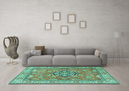 Machine Washable Persian Turquoise Traditional Area Rugs in a Living Room,, wshtr3018turq
