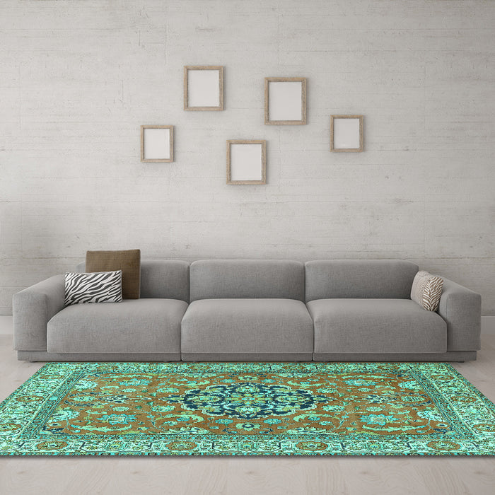 Machine Washable Persian Turquoise Traditional Area Rugs in a Living Room,, wshtr3018turq