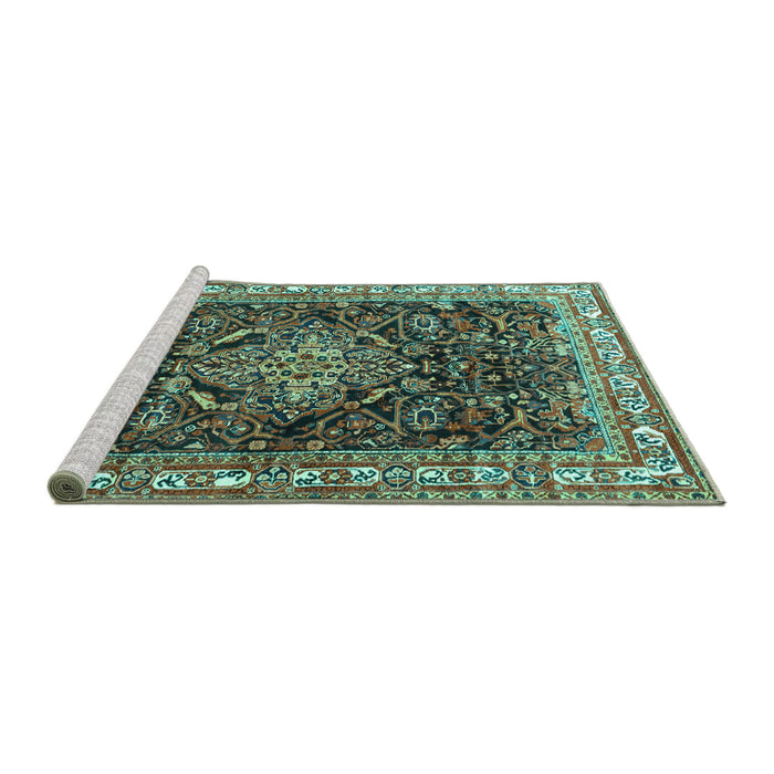 Sideview of Machine Washable Persian Turquoise Traditional Area Rugs, wshtr301turq