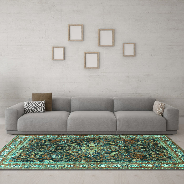Machine Washable Persian Turquoise Traditional Area Rugs in a Living Room,, wshtr301turq