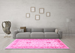 Machine Washable Oriental Pink Traditional Rug in a Living Room, wshtr3020pnk