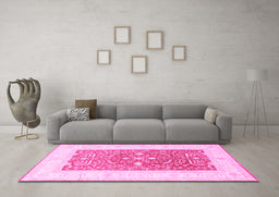 Machine Washable Oriental Pink Traditional Rug in a Living Room, wshtr3021pnk