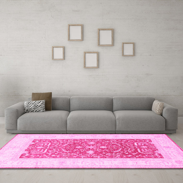 Machine Washable Oriental Pink Traditional Rug in a Living Room, wshtr3021pnk