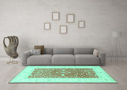Machine Washable Oriental Turquoise Traditional Area Rugs in a Living Room,, wshtr3021turq