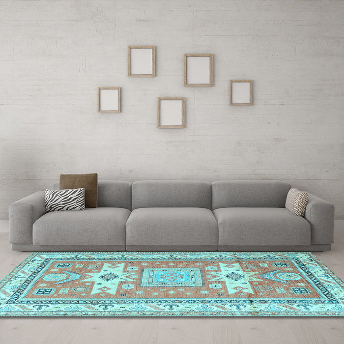 Machine Washable Geometric Light Blue Traditional Rug in a Living Room, wshtr3022lblu