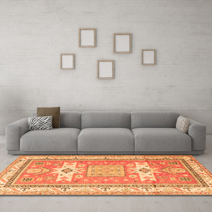 Machine Washable Geometric Orange Traditional Area Rugs in a Living Room, wshtr3022org