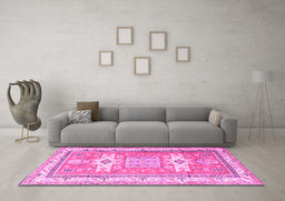 Machine Washable Geometric Pink Traditional Rug in a Living Room, wshtr3022pnk