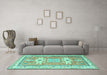 Machine Washable Geometric Turquoise Traditional Area Rugs in a Living Room,, wshtr3022turq