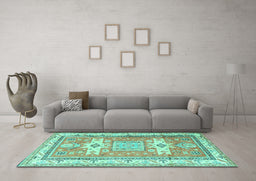 Machine Washable Geometric Turquoise Traditional Area Rugs in a Living Room,, wshtr3022turq