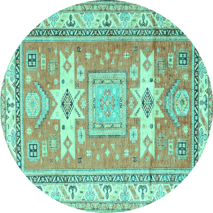 Round Machine Washable Geometric Turquoise Traditional Area Rugs, wshtr3022turq
