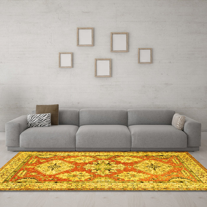 Machine Washable Geometric Yellow Traditional Rug in a Living Room, wshtr3023yw