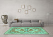 Machine Washable Geometric Turquoise Traditional Area Rugs in a Living Room,, wshtr3023turq