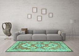 Machine Washable Geometric Turquoise Traditional Area Rugs in a Living Room,, wshtr3023turq