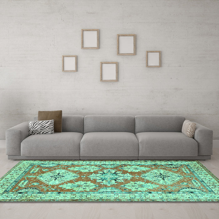 Machine Washable Geometric Turquoise Traditional Area Rugs in a Living Room,, wshtr3023turq