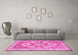 Machine Washable Geometric Pink Traditional Rug in a Living Room, wshtr3023pnk