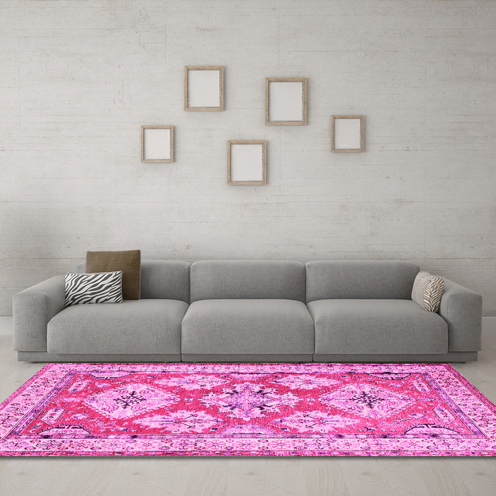 Machine Washable Geometric Pink Traditional Rug in a Living Room, wshtr3023pnk