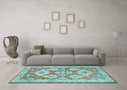 Machine Washable Geometric Light Blue Traditional Rug in a Living Room, wshtr3023lblu