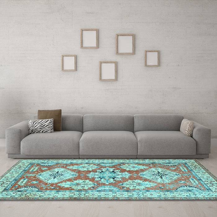 Machine Washable Geometric Light Blue Traditional Rug in a Living Room, wshtr3023lblu