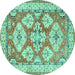 Round Machine Washable Geometric Turquoise Traditional Area Rugs, wshtr3023turq