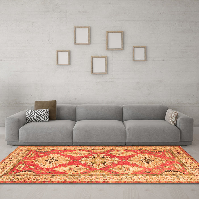 Machine Washable Geometric Orange Traditional Area Rugs in a Living Room, wshtr3023org