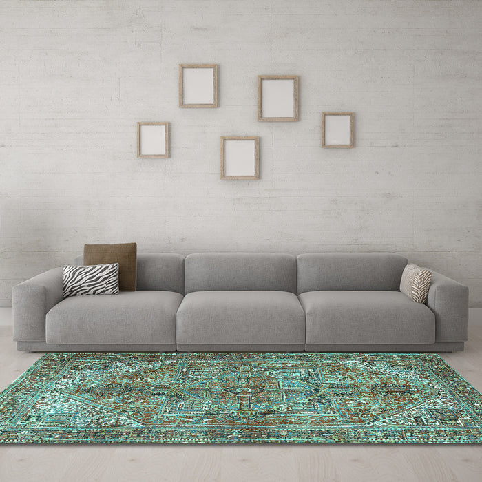 Machine Washable Persian Turquoise Traditional Area Rugs in a Living Room,, wshtr3024turq