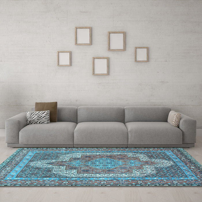 Machine Washable Medallion Light Blue Traditional Rug in a Living Room, wshtr3025lblu