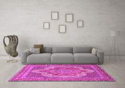 Machine Washable Medallion Pink Traditional Rug in a Living Room, wshtr3025pnk