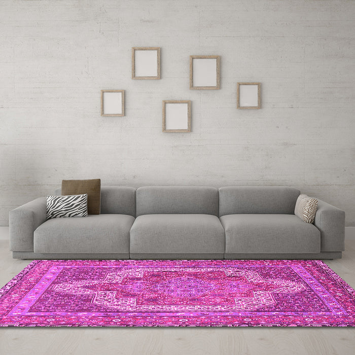 Machine Washable Medallion Pink Traditional Rug in a Living Room, wshtr3025pnk