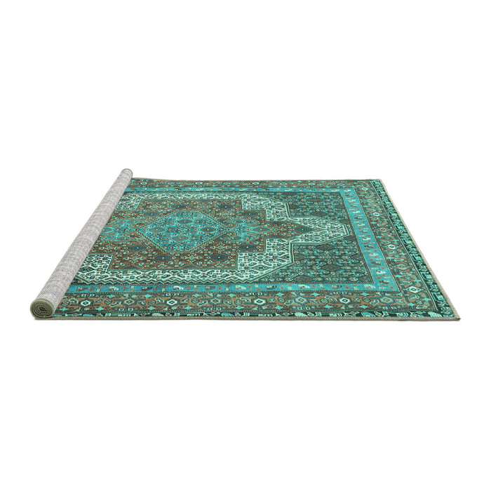 Sideview of Machine Washable Medallion Turquoise Traditional Area Rugs, wshtr3025turq