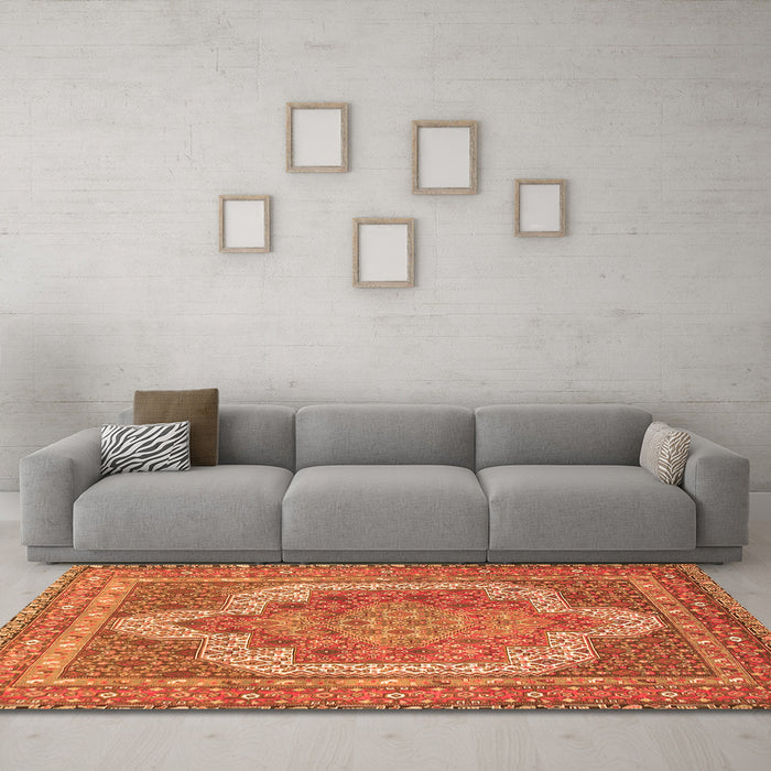 Machine Washable Medallion Orange Traditional Area Rugs in a Living Room, wshtr3025org