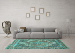 Machine Washable Medallion Turquoise Traditional Area Rugs in a Living Room,, wshtr3025turq