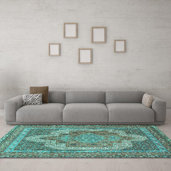 Machine Washable Medallion Turquoise Traditional Area Rugs in a Living Room,, wshtr3025turq