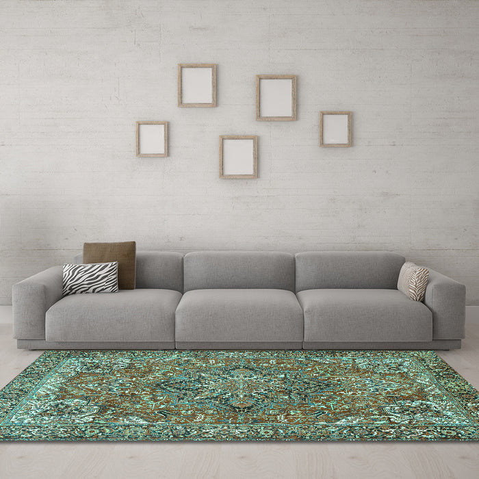 Machine Washable Persian Turquoise Traditional Area Rugs in a Living Room,, wshtr3027turq