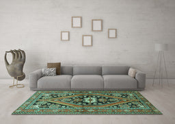 Machine Washable Persian Turquoise Traditional Area Rugs in a Living Room,, wshtr3029turq