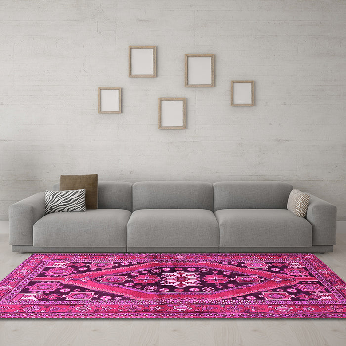 Machine Washable Persian Pink Traditional Rug in a Living Room, wshtr3029pnk