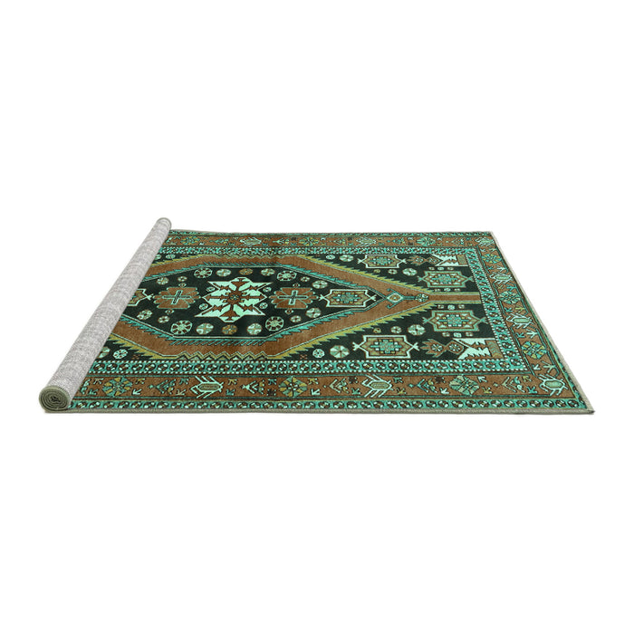 Sideview of Machine Washable Persian Turquoise Traditional Area Rugs, wshtr3029turq